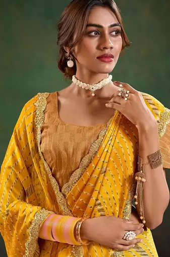 Mustard leheriya print embellished saree