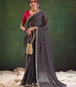 Black embroidered leheriya saree with unstitched blouse piece