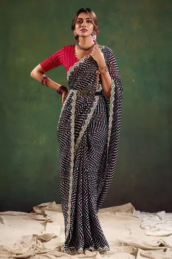Black embroidered leheriya saree with unstitched blouse piece
