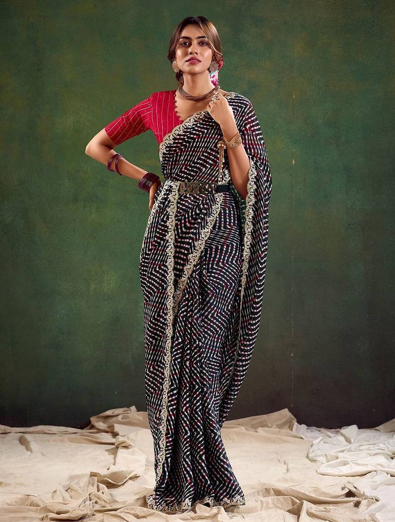 Black embroidered leheriya saree with unstitched blouse piece