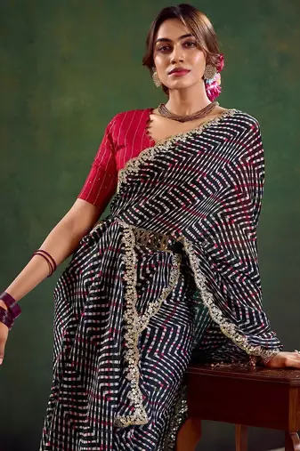 Black embroidered leheriya saree with unstitched blouse piece