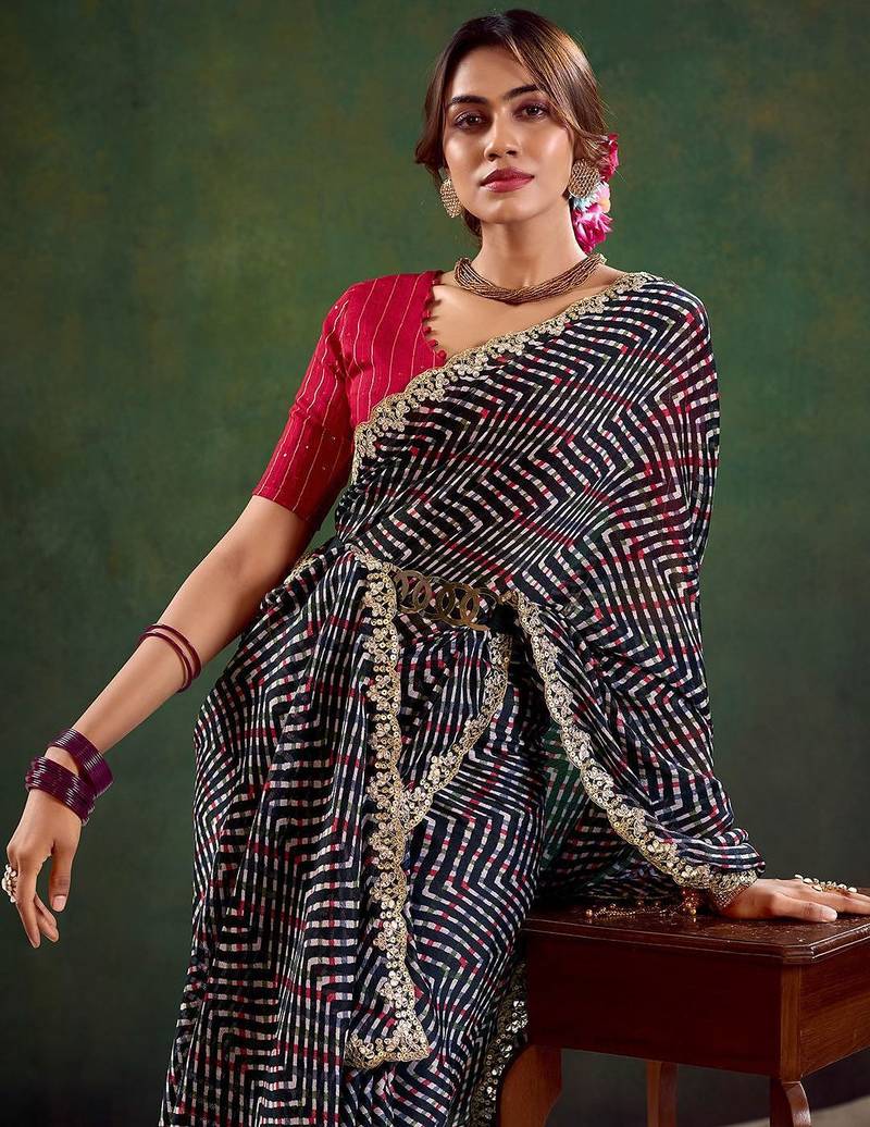 Black embroidered leheriya saree with unstitched blouse piece