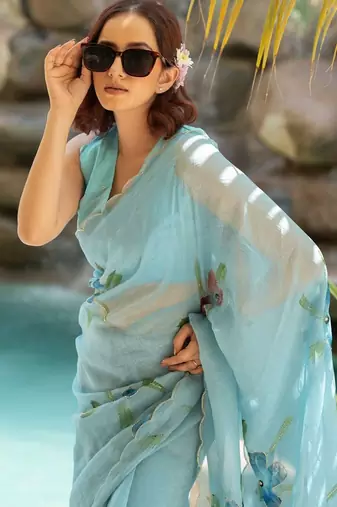 Turquoise floral beads and stones poly chiffon saree