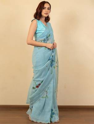 Turquoise floral beads and stones poly chiffon saree 3
