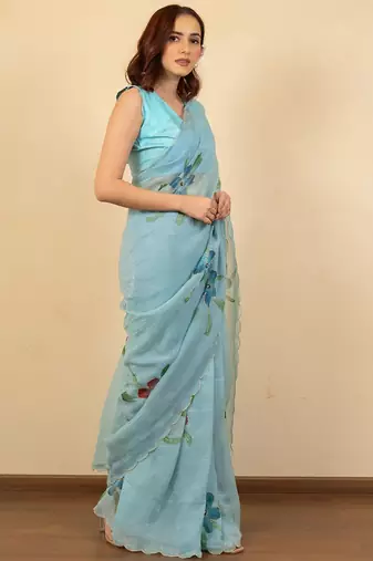 Turquoise floral beads and stones poly chiffon saree