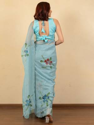 Turquoise floral beads and stones poly chiffon saree 4