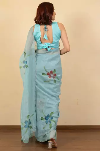 Turquoise floral beads and stones poly chiffon saree