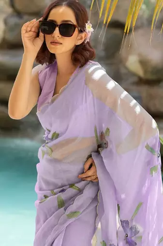 Lavender floral printed beads and stones saree