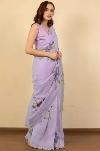 Lavender floral printed beads and stones saree