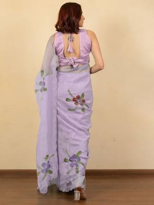 Lavender floral printed beads and stones saree 4