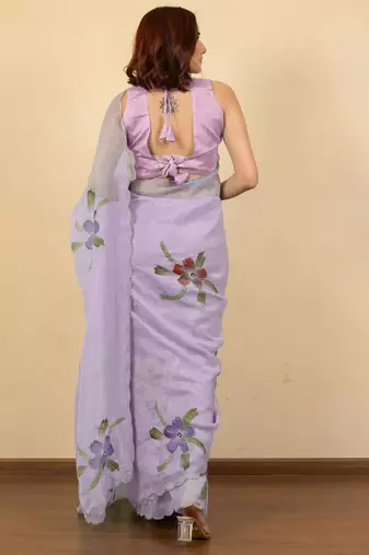 Lavender floral printed beads and stones saree