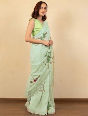 Green floral printed beads and stones saree 2