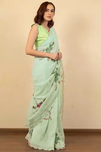 Green floral printed beads and stones saree
