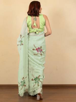 Green floral printed beads and stones saree 3