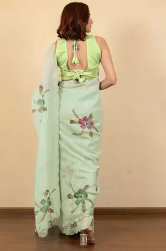 Green floral printed beads and stones saree