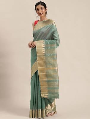 Sea green sea green & gold-toned solid saree 1