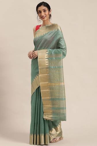 Sea green sea green & gold-toned solid saree