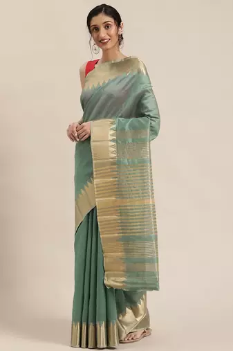 Sea green sea green & gold-toned solid saree