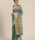Sea green sea green & gold-toned solid saree