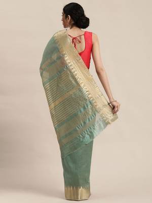 Sea green sea green & gold-toned solid saree 2