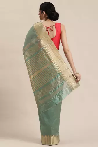 Sea green sea green & gold-toned solid saree