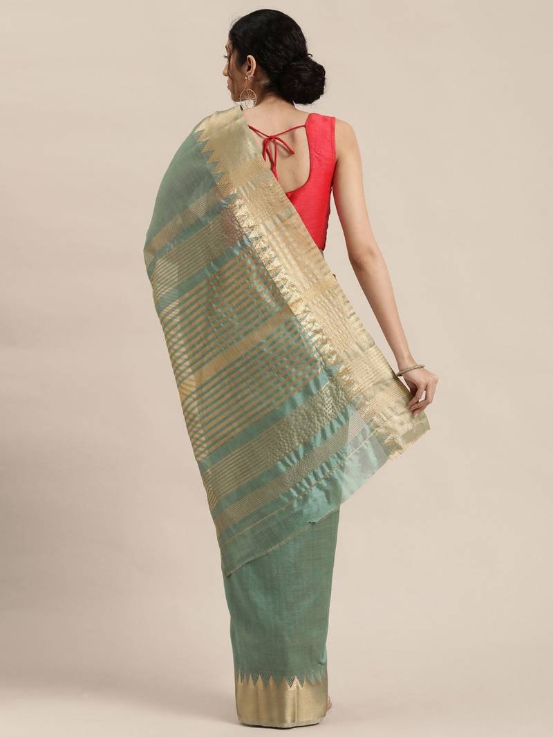 Sea green sea green & gold-toned solid saree