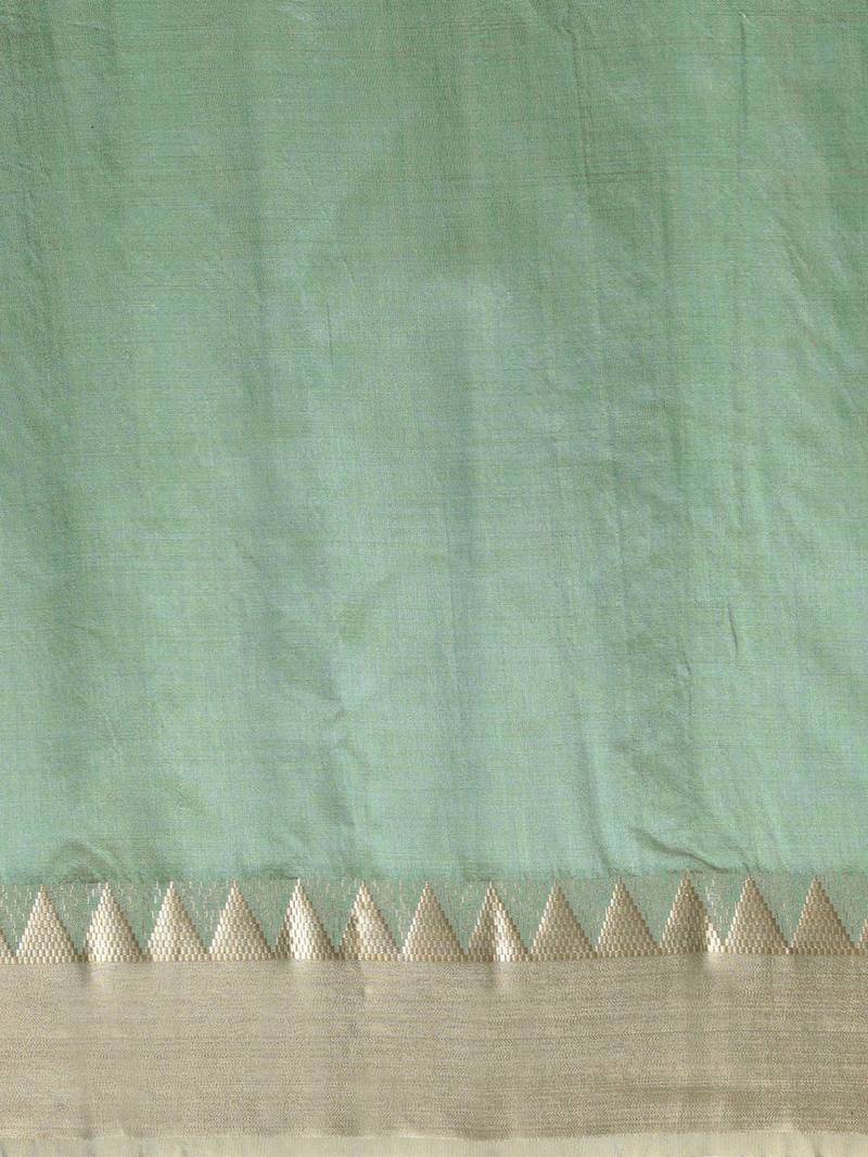 Sea green sea green & gold-toned solid saree