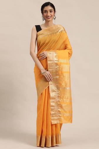 Mustard mustard yellow & golden solid zari silk cotton solid saree
