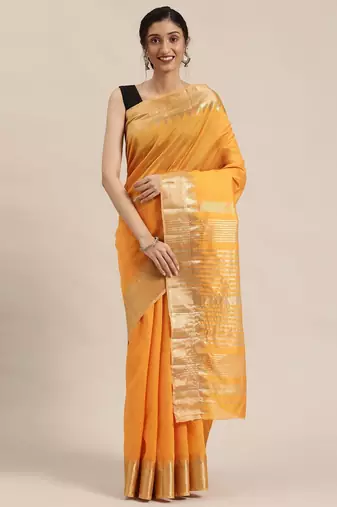 Mustard mustard yellow & golden solid zari silk cotton solid saree