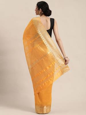 Mustard mustard yellow & golden solid zari silk cotton solid saree 2