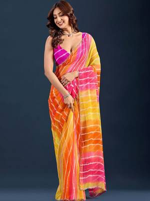 Multicolor leheriya beads and stones pure chiffon saree 2