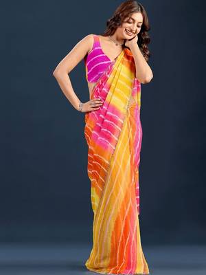 Multicolor leheriya beads and stones pure chiffon saree 3