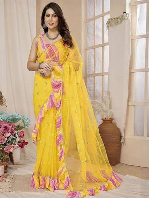 Yellow embellished mirror work net ruffle saree with blouse piece 1