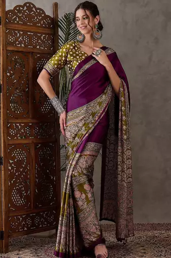 Purple ethnic motifs silk blend saree