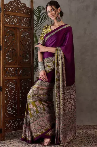 Purple ethnic motifs silk blend saree