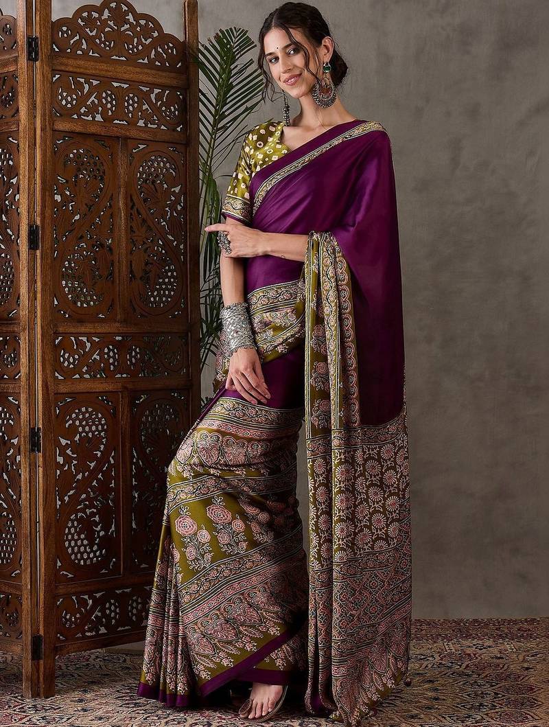 Purple ethnic motifs silk blend saree