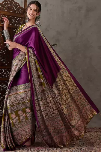 Purple ethnic motifs silk blend saree