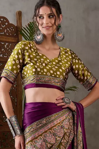 Purple ethnic motifs silk blend saree