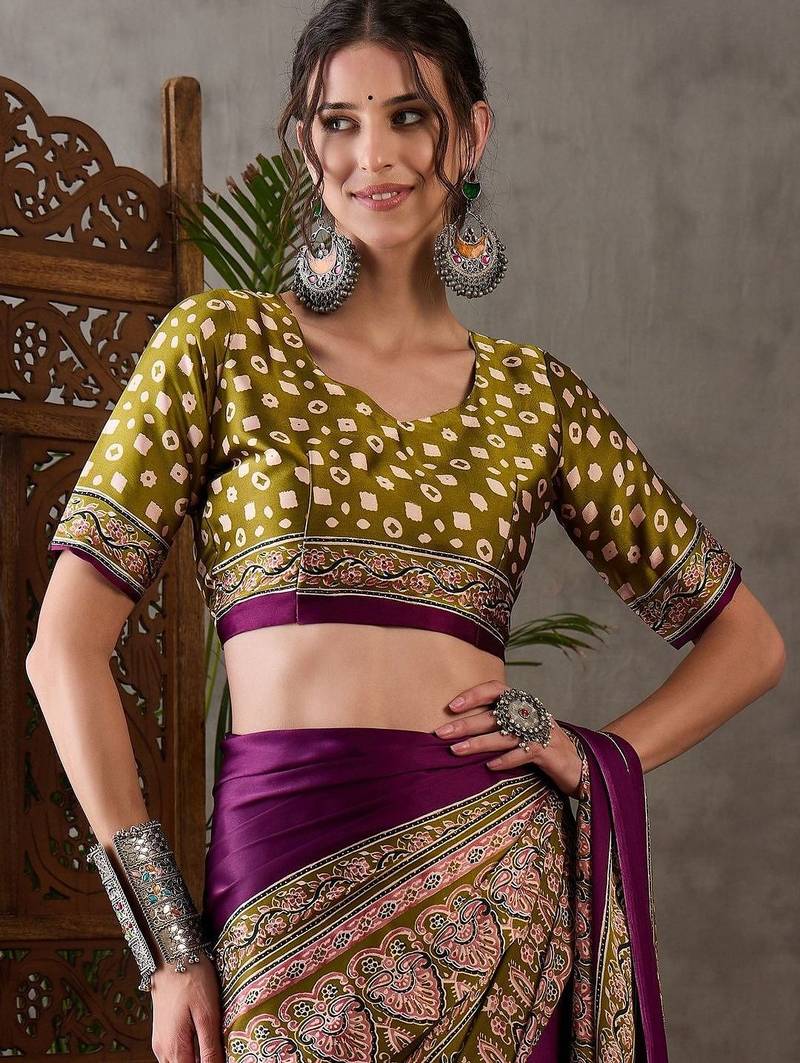 Purple ethnic motifs silk blend saree