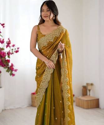 Mustard ethnic motifs embroidered bagh saree 1