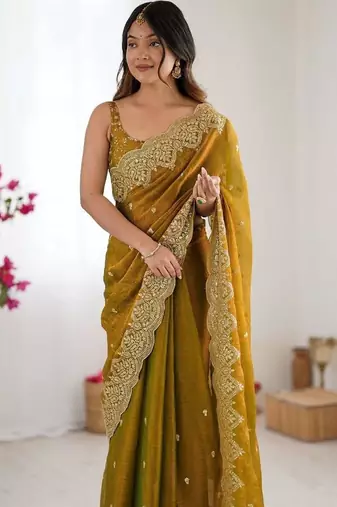 Mustard ethnic motifs embroidered bagh saree