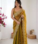 Mustard ethnic motifs embroidered bagh saree