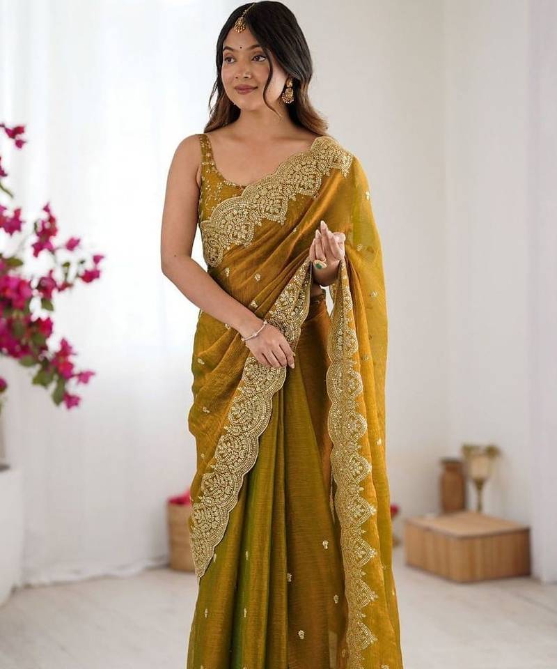 Mustard ethnic motifs embroidered bagh saree