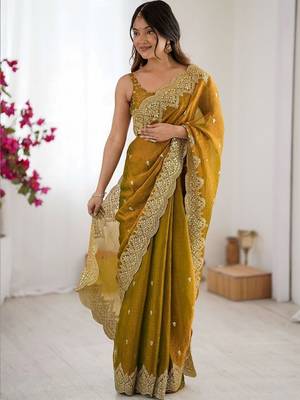 Mustard ethnic motifs embroidered bagh saree 2