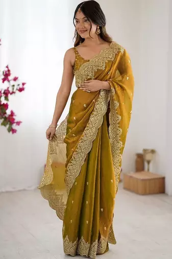 Mustard ethnic motifs embroidered bagh saree
