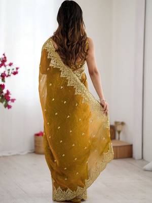 Mustard ethnic motifs embroidered bagh saree 3