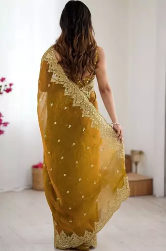Mustard ethnic motifs embroidered bagh saree