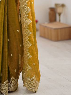Mustard ethnic motifs embroidered bagh saree 4