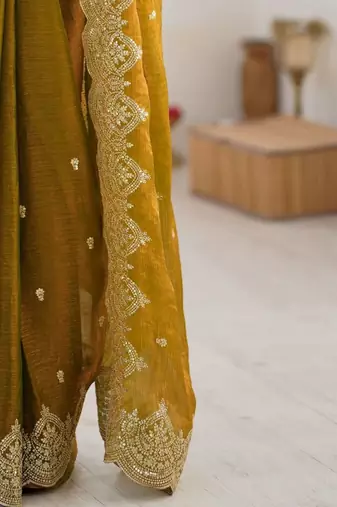Mustard ethnic motifs embroidered bagh saree