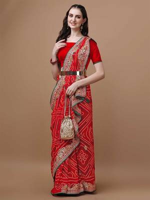 Red bandhani printed embroidered saree with unstitched blouse piece 1